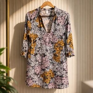 H&M Floral V-Neck Mini Dress in Pink, Mustard & Black